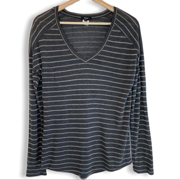 Rails Sami Wool Metallic Bronze Striped V-Neck Long-Sleeve Tee - Picture 1 of 9
